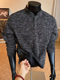 Autumn/Winter Striped Men's Loose Long Sleeve Casual Stand Collar -Lined - Black