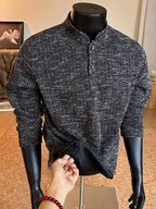 Autumn/Winter Striped Men's Loose Long Sleeve Casual Stand Collar -Lined - Black
