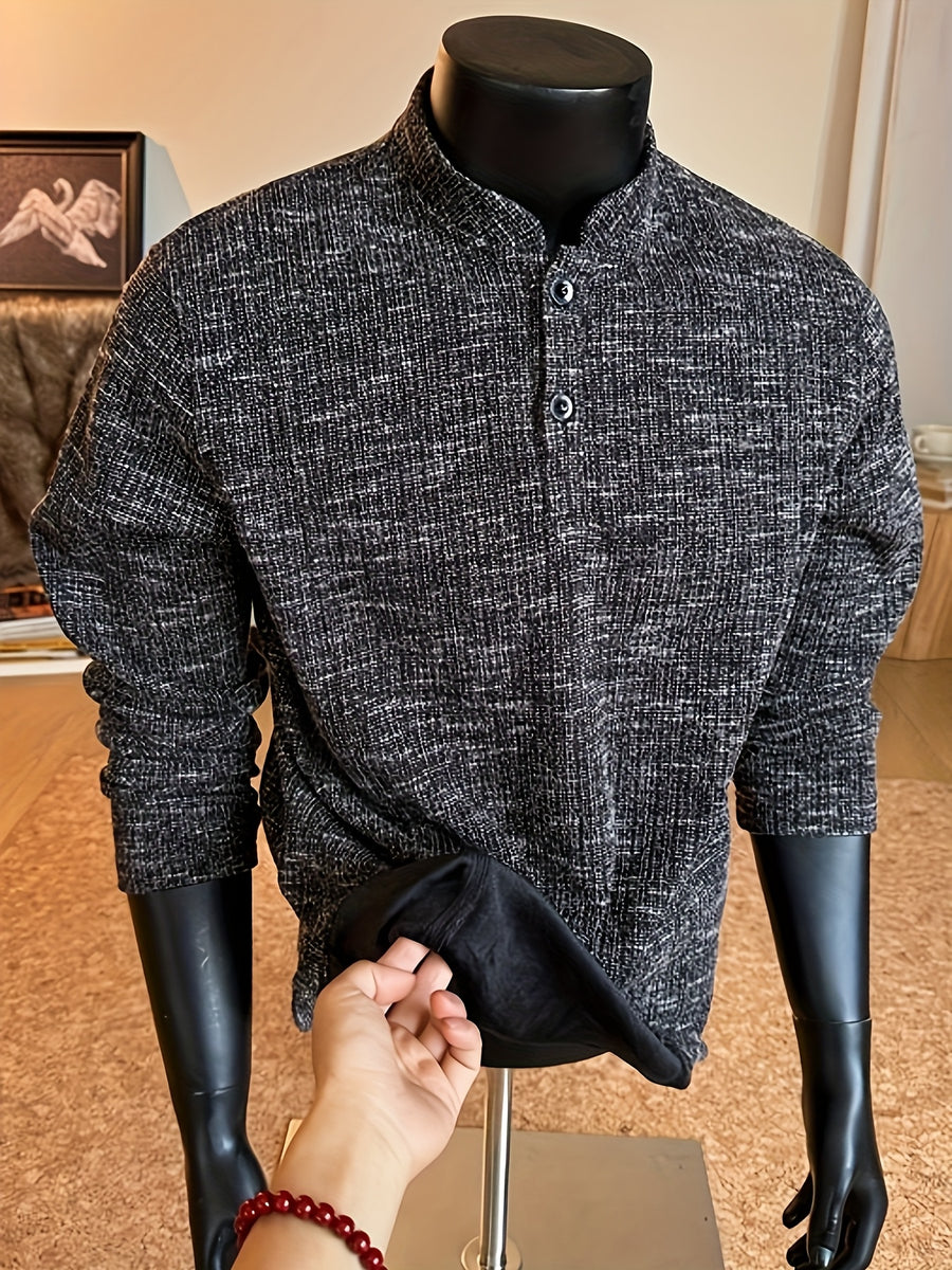 Autumn/Winter Striped Men's Loose Long Sleeve Casual Stand Collar -Lined - Black