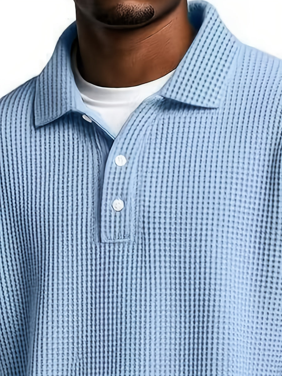 Men'S Waffle Checkered Color-Block Long Sleeve Collared Sweatshirt, Solid Color Patchwork Pullover, Traditional Casual Design with Outdoor Layering Long Sleeve, Suitable for Various Activities - Sky Blue