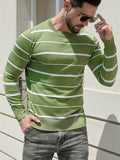 New Men'S Round Neck Knit Long Sleeve Sweater Autumn Winter Casual Base Layer Knit Pullover, Men'S Striped Sweater - Matcha Color