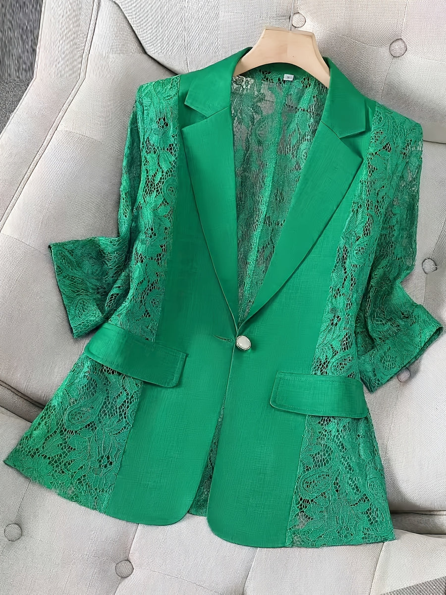 Women'S Thin Patchwork Lace Lightweight Suit Design Casual Temperament Three-Quarter Sleeve Casual Lapel Suit Top - Green