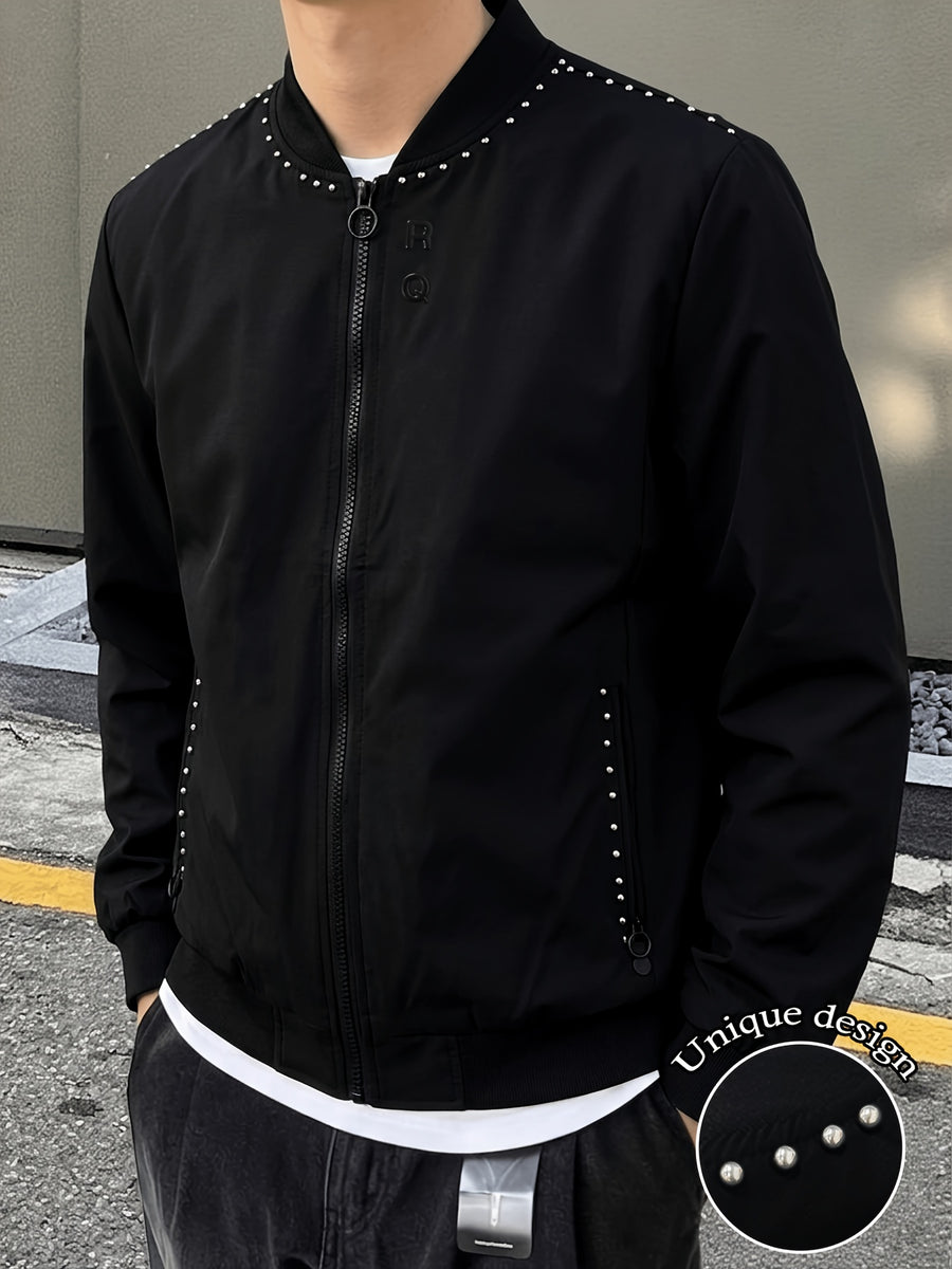 Men's Slim-Fit Stand Collar Lightweight Zip-Up Jacket with Rivet Decoration, Stylish Lightweight Casual Jacket - Black