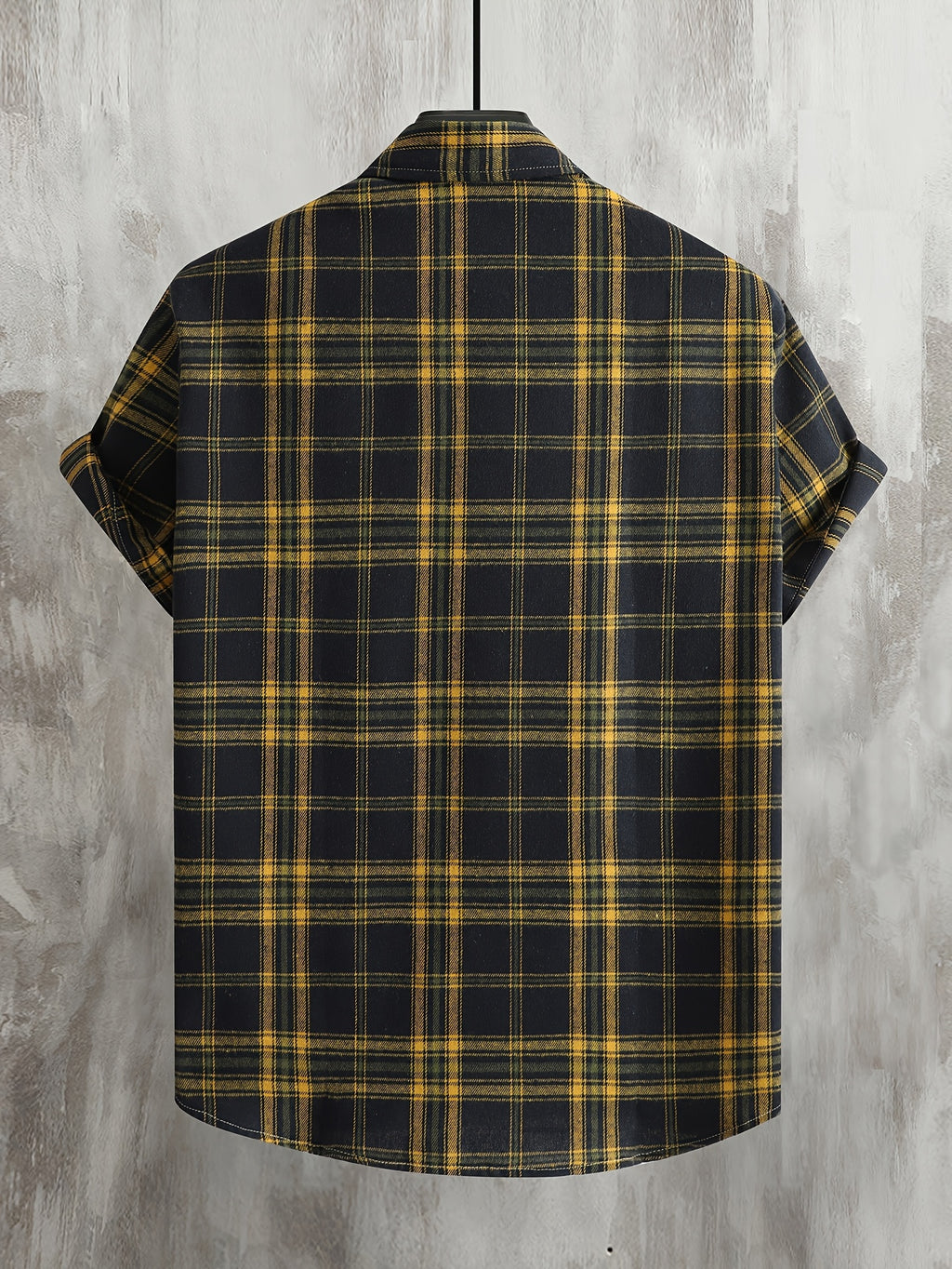 Men'S Casual Preppy Style Plaid Print Basic Color Short Sleeve Collared Shirt, Spring Summer Loose Fit Short Sleeve Checkered Pattern, Button-Front Closure, Classic Collar, Suitable for Casual And Semi-Formal Wear - Navy Color