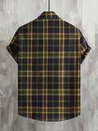Men'S Casual Preppy Style Plaid Print Basic Color Short Sleeve Collared Shirt, Spring Summer Loose Fit Short Sleeve Checkered Pattern, Button-Front Closure, Classic Collar, Suitable for Casual And Semi-Formal Wear - Navy Color