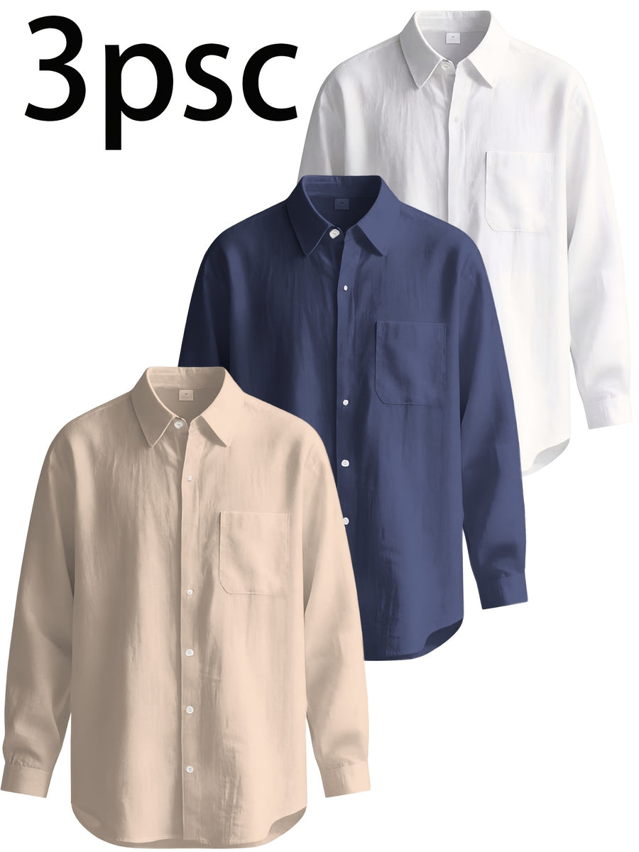3pcs Men'S Casual Linen Shirts, Long Sleeve Button Tops with Chest Pocket, Lightweight Solid Color Shirts for Daily And Vacation - Mix Color 1