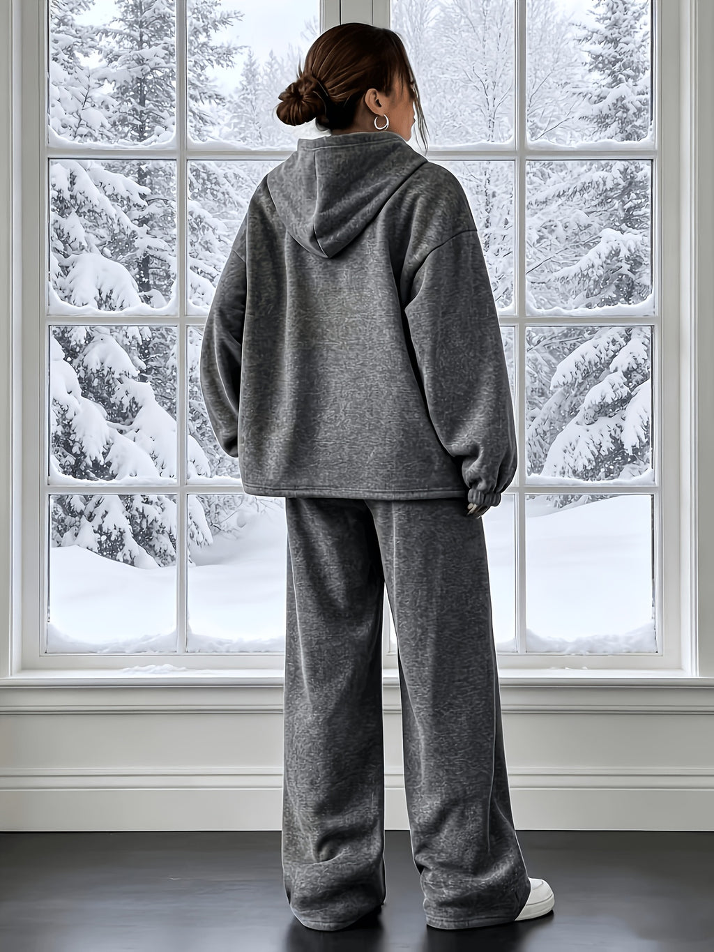 Solid Color Women's Casual Sporty Autumn/Winter Hooded Sweatshirt and Sweatpants 2pcs Set - Grey