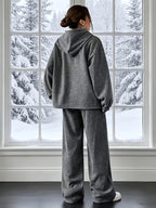 Solid Color Women's Casual Sporty Autumn/Winter Hooded Sweatshirt and Sweatpants 2pcs Set - Grey