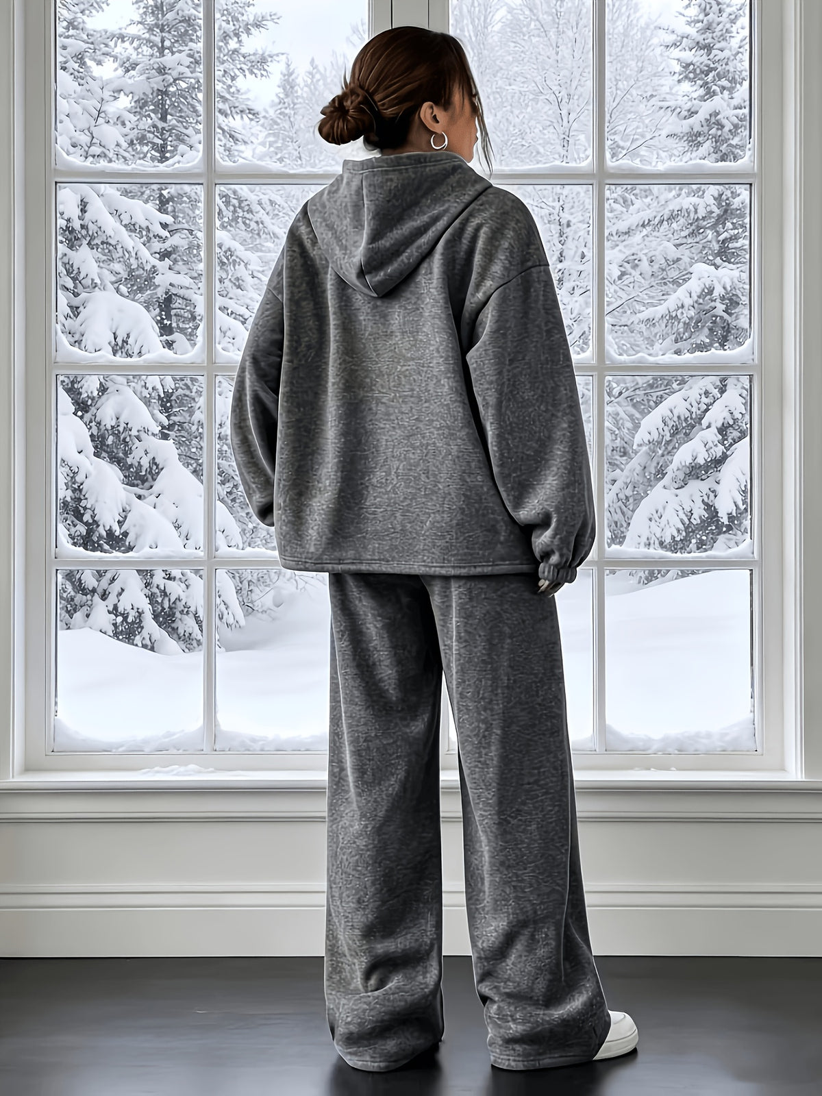 Solid Color Women's Casual Sporty Autumn/Winter Hooded Sweatshirt and Sweatpants 2pcs Set - Grey