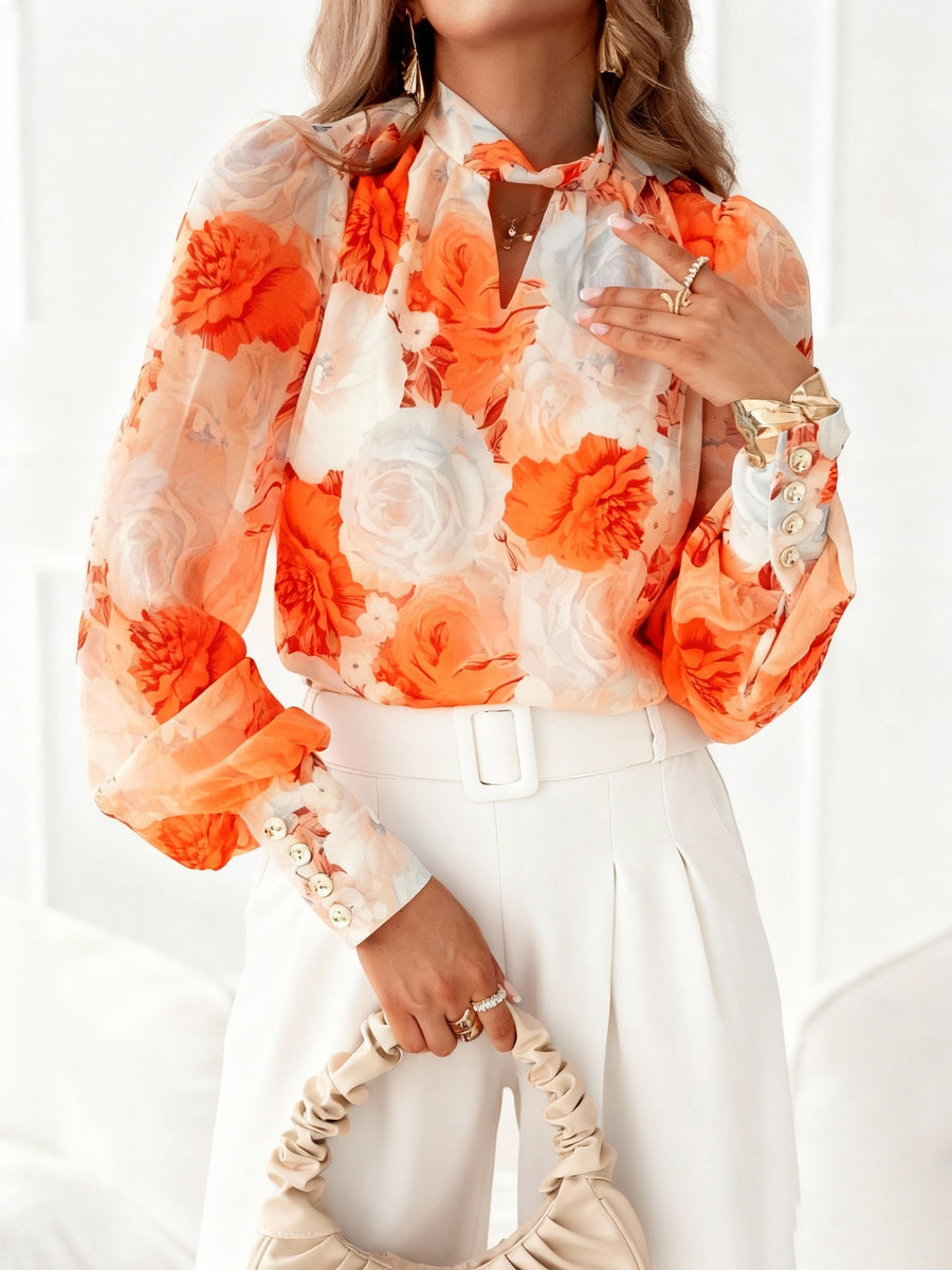 Elegant Women'S Chiffon Printed Long-Sleeved Shirt with Lining, Colorful Floral Patterns Combined with Metal Buckles, Classic Wrap Neckline Design, Exquisite Cuffs Are Eye-Catching, Suitable for Daily Fashion Wear, Vacation And Leisure - Orange-Red