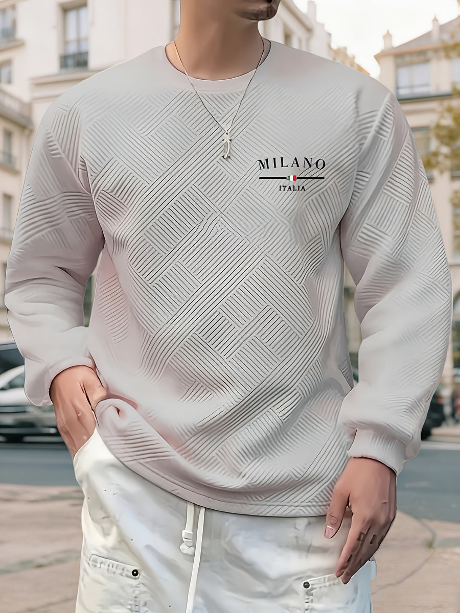 Men'S Spring Autumn Casual Long Sleeve Sweatshirt Daily All-Match Heavy Jacquard Round Neck Sweatshirt, Regular Fit, Outdoor, Crew Neck, Geometric Print - Light Grey