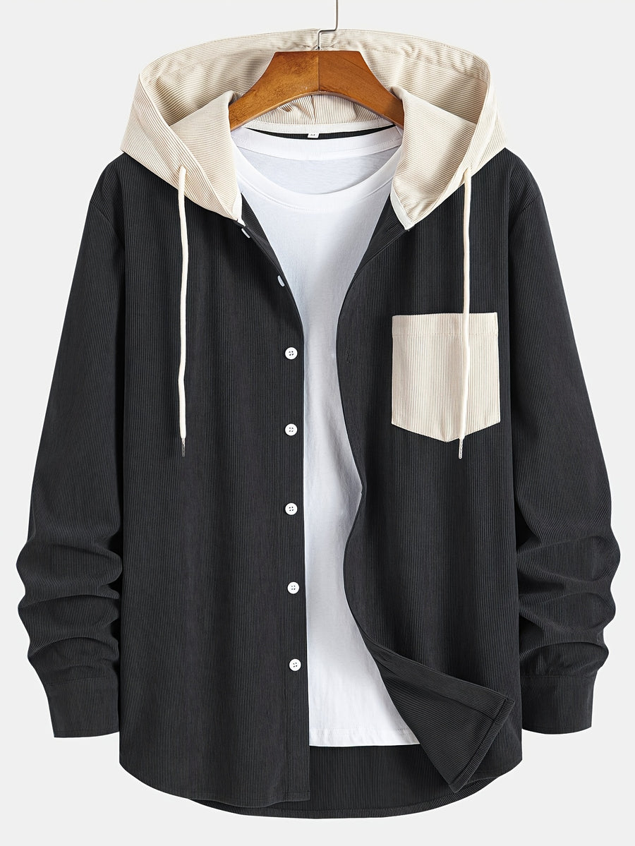 Color-Block Trendy Long Sleeve Hooded Jacket - Black