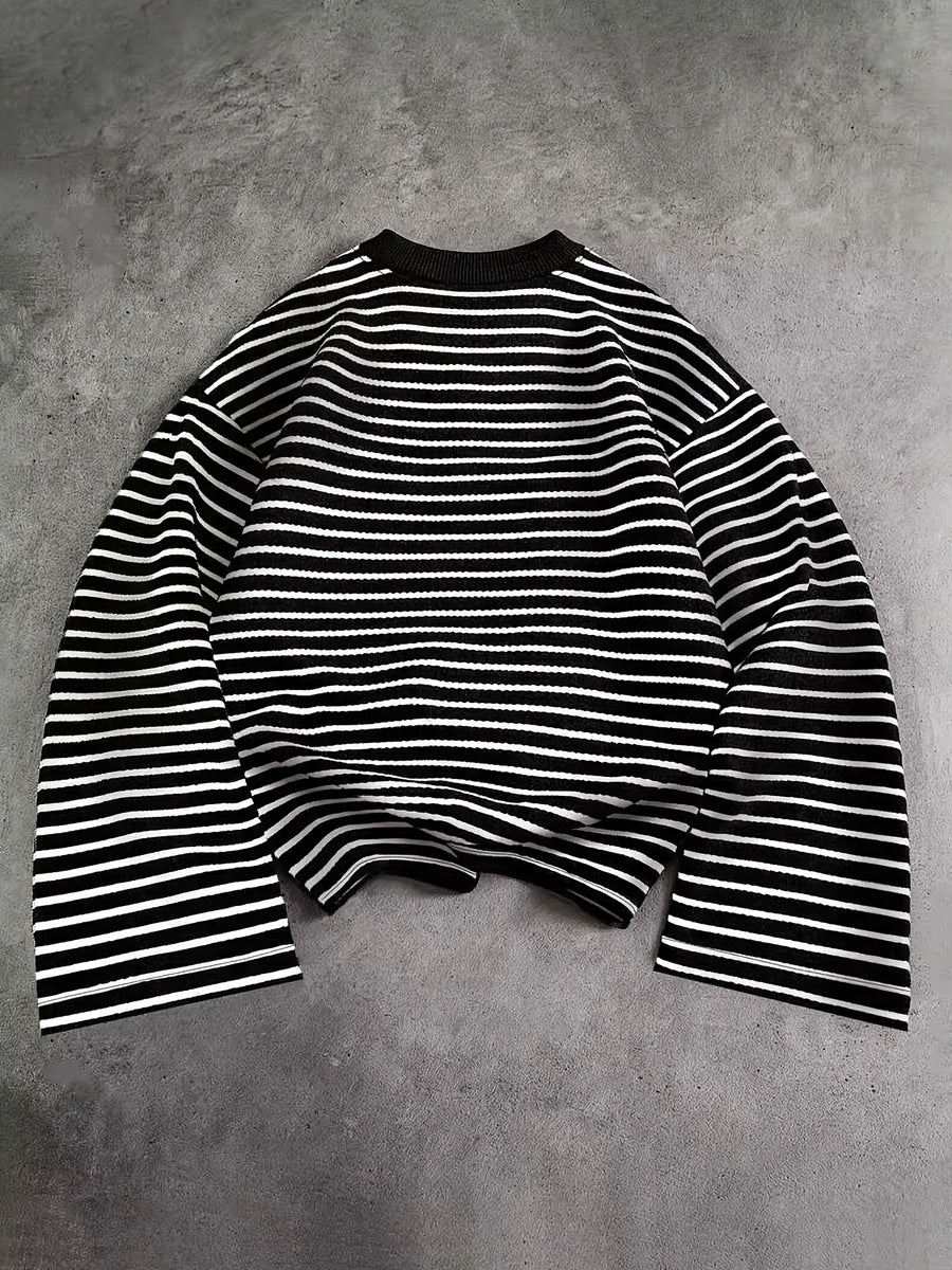 Men's Color-Block Striped Knit Long-Sleeve Shirt, Los Angeles Letter Print Crewneck Pullover, Street Style Casual Top - Black