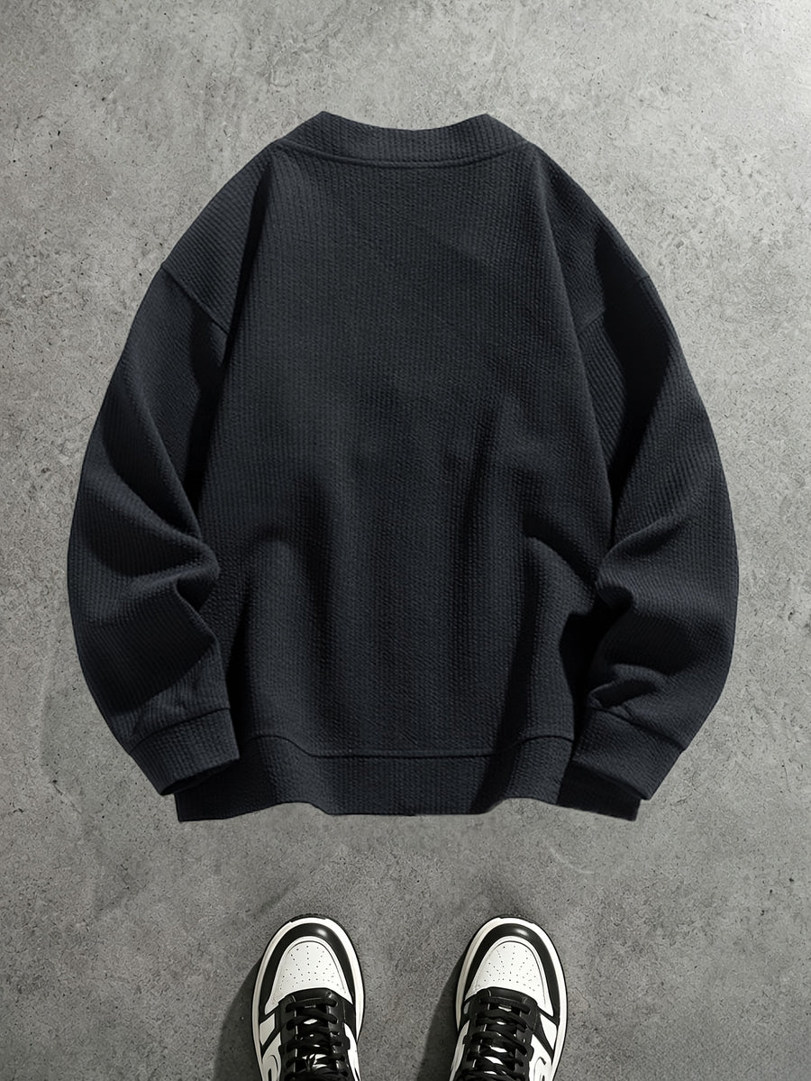 Spring/Autumn New Men's Solid Color V-Neck Zipper Knit Cardigan Jacket, Versatile Top for Commuting, Daily Wear, and Casual Occasions, Simple, Loose-Fitting, Skin-Friendly, and Soft, Couple's Knit Outerwear - Black