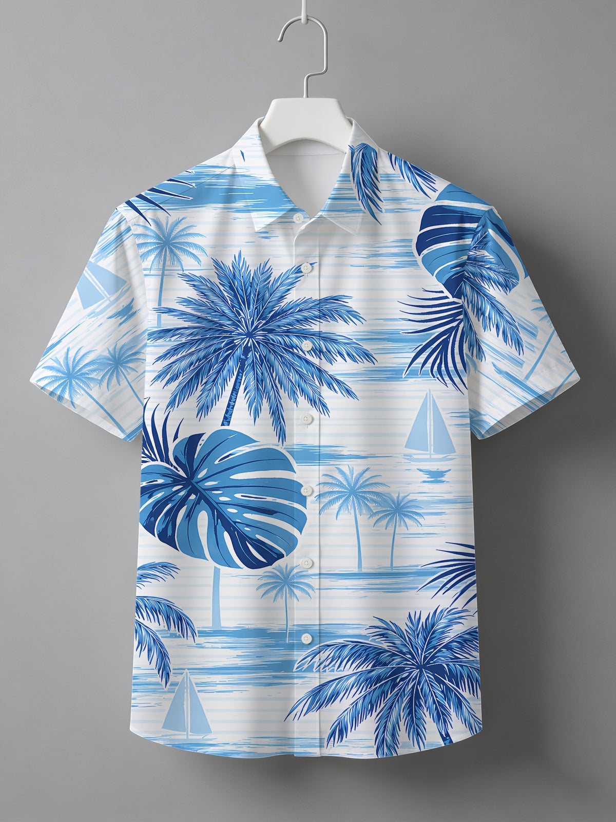 Simple Ocean Palm Sailboat Lapel Short-Sleeve Men's Beach Vacation Shirt - Mixed colors
