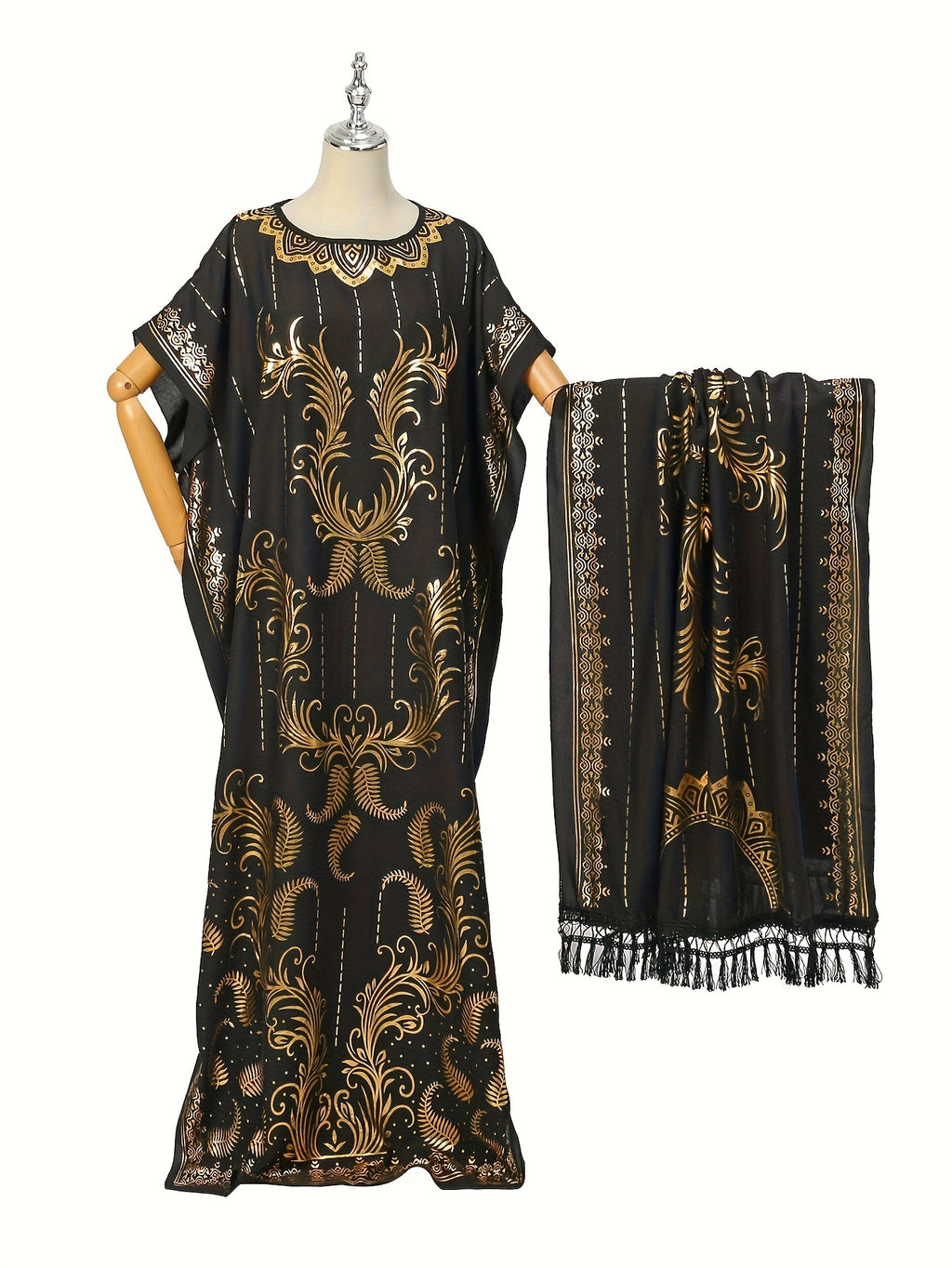 Women's Pattern Robe with Beige Tassel Set, Arabic Luxury Abaya, Headscarf, Elegant Round Neck Dress, Short Sleeve Style - Black Golden
