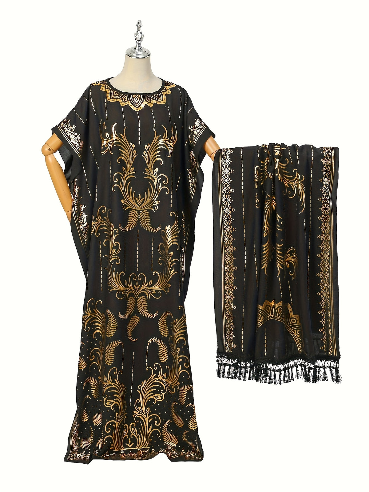 Women's Pattern Robe with Beige Tassel Set, Arabic Luxury Abaya, Headscarf, Elegant Round Neck Dress, Short Sleeve Style - Black Golden
