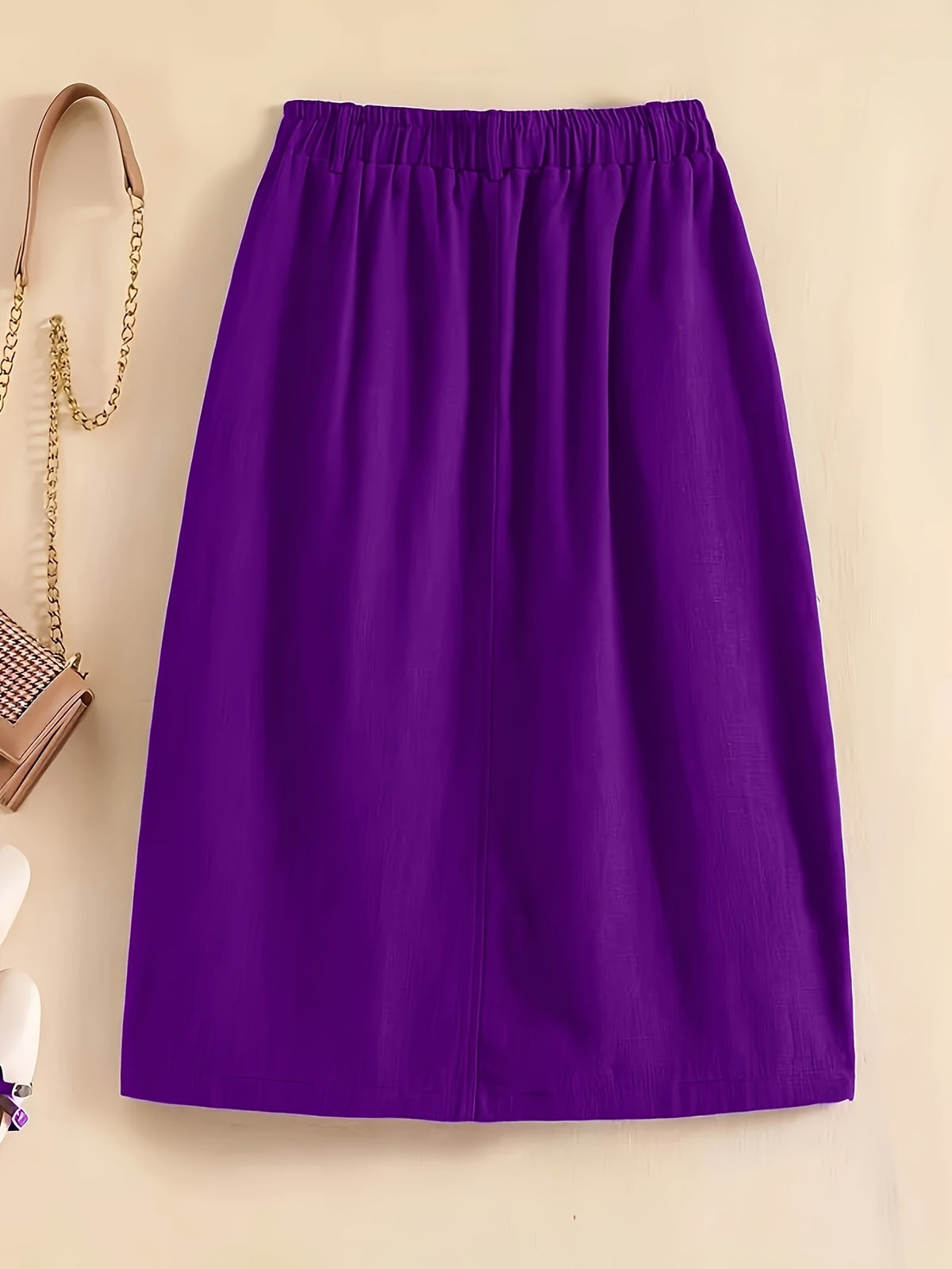 Spring/Summer/Autumn Lightweight Korean-Style Vintage Linen Loose Skirt with Elastic Waistband and Pockets, Mid-Length Women's Skirt - Purple