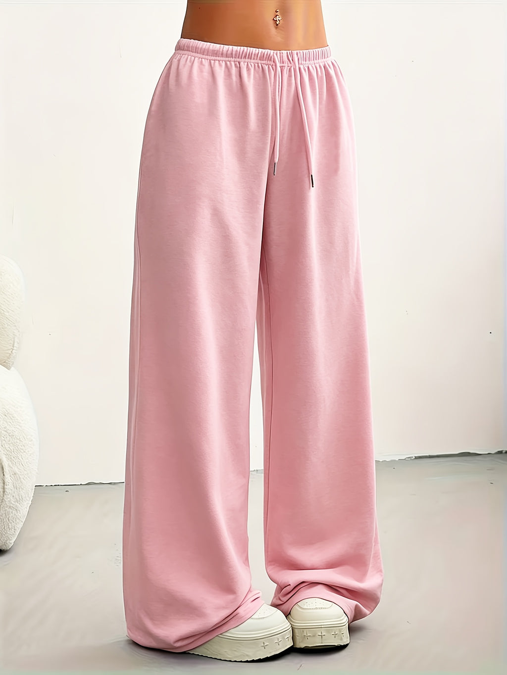 Lazy Style Solid Wide-Leg Pants Women'S High-Waist Drapey Floor-Length Trousers Versatile Casual Sweatpants - Pink Color