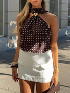 Women'S Summer Off-Shoulder Backless Polka Dot Halter Neck Top, Metallic Decorative Buckle, Elegant And Chic, Retro Polka Dot Off-Shoulder Blouse, Beautiful Women'S Sleeveless Top Fashion Vest, Suitable for Daily Home Wear, Outings, Banquets - Dark Brown