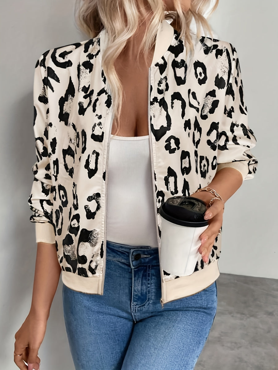 Women's New Leopard Print Ribbed Cuff Zip-Up Lightweight Casual Jacket, Fashionable and Elegant Commuter Vacation Outerwear for Daily Wear in Spring, Summer, and Autumn - Black