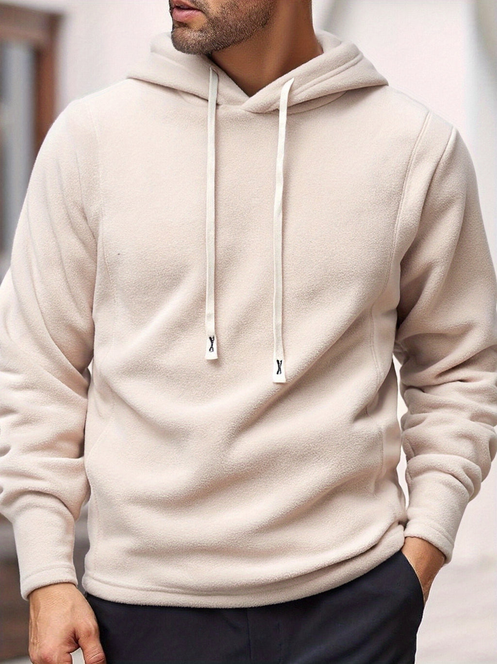 KJ-W024 Fleece Hooded Sweatshirt Jacket with Buttons, Autumn And Winter Plus Size Men'S Casual Outerwear, Stylish And Unique - Beige