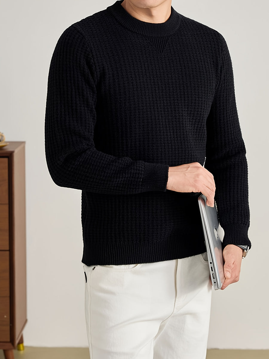 Men'S Waffle Knit Round Neck Sweater, Full Waffle Texture Jacquard Checkered Knit, Strong Three-Dimensional Feel, Thicker Than Regular Plain Knit, Better Warmth - SINBOS - Black