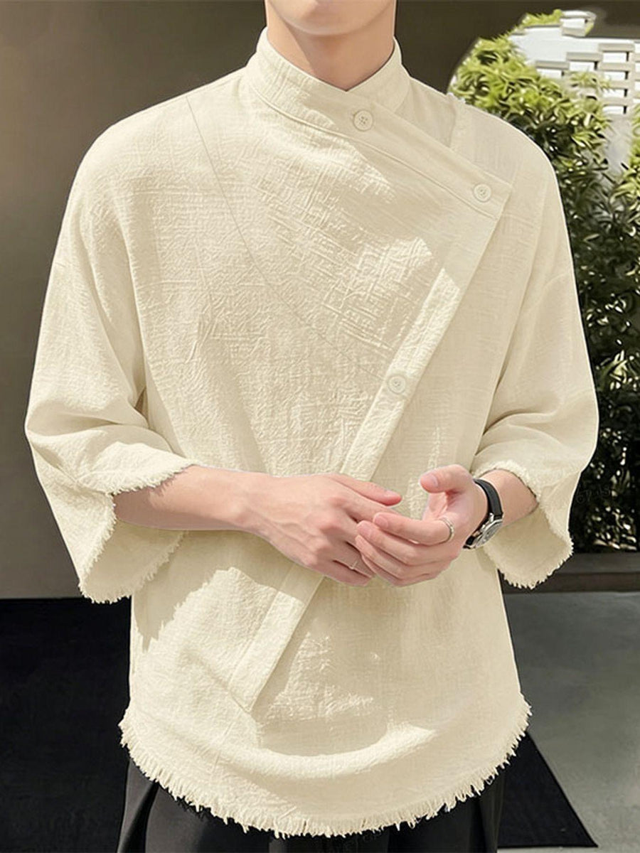 Men Leisure Tops Tassel Decor Stand Collar Half Sleeve Loose Thin Outdoor Street Summer Casual Shirt - Apricot