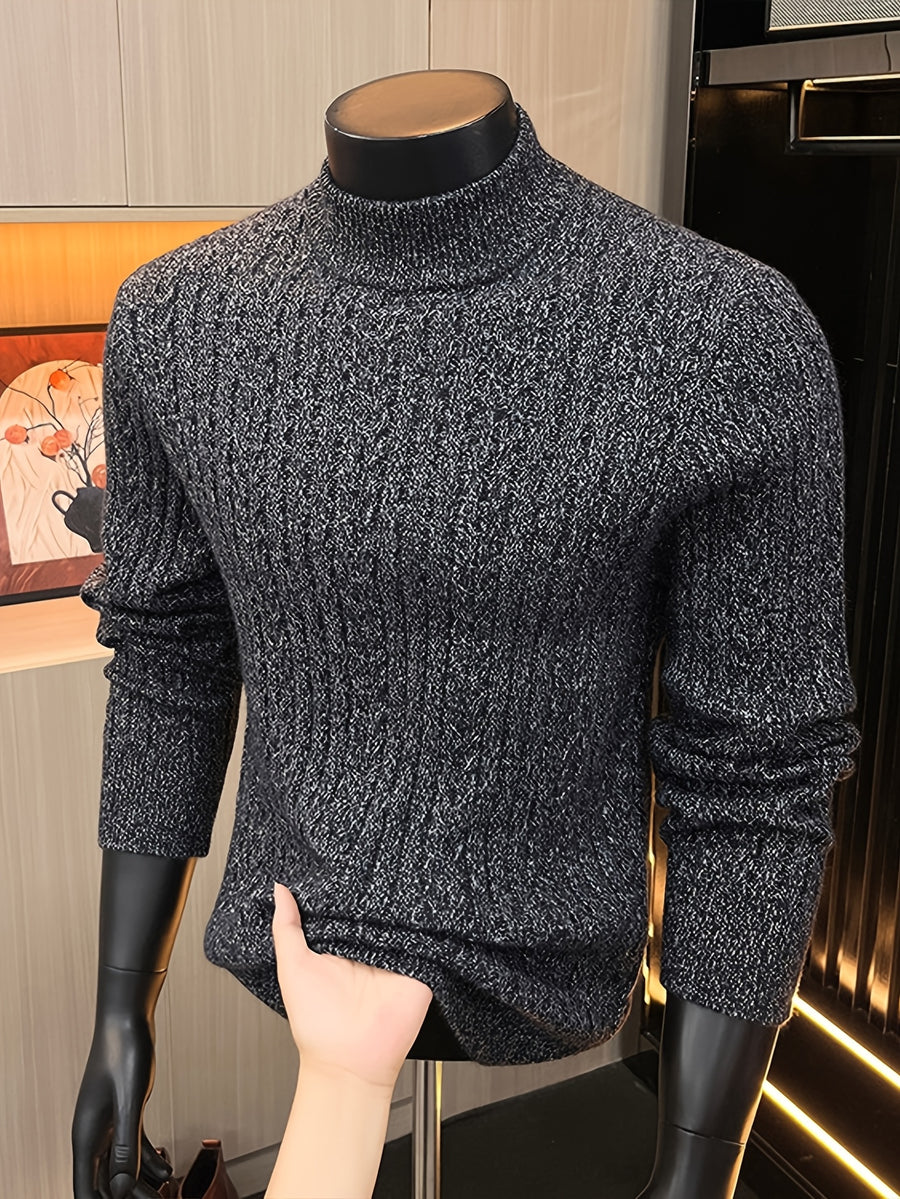 Men'S Semi-High Neck Jacquard Knit Sweater, Yarn Blend Thick Textured Velvet Base Layer, Stable Business Autumn Winter Knit Top - SINBOS - Black