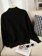 Women's Half-Zip Stand Collar Sweater, Loose Fit Ribbed Cable Relaxed Top, Gavin - Black