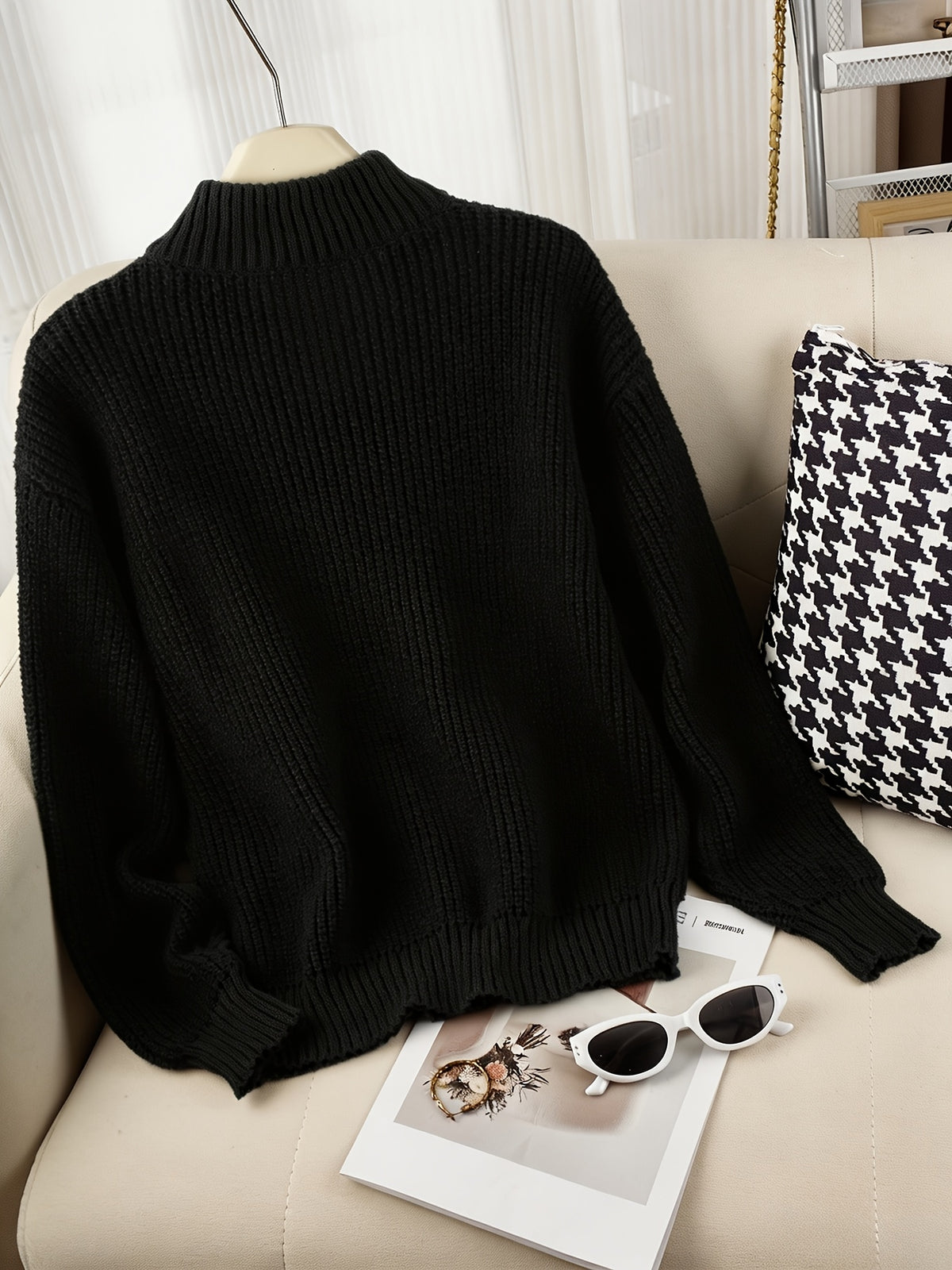 Women's Half-Zip Stand Collar Sweater, Loose Fit Ribbed Cable Relaxed Top, Gavin - Black