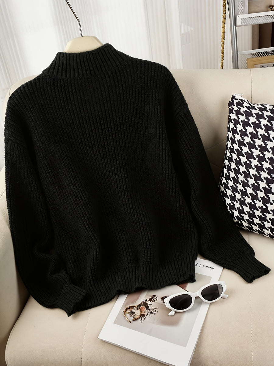 Women's Half-Zip Stand Collar Sweater, Loose Fit Ribbed Cable Relaxed Top, Gavin - Black