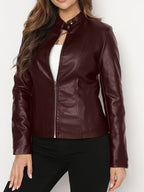 New Women's Elegant PU Jacket - Burgundy