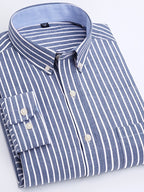 Classic Men's Striped Oxford Shirt with Chest Pocket, Button- Collar, Versatile Long-Sleeve Top for Daily Commute - Blue Gray Stripes