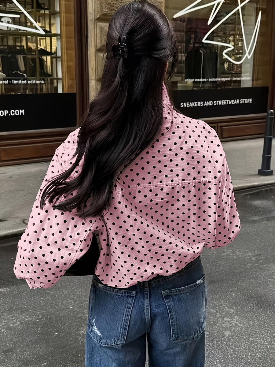 Women's Casual Polka Dot Long Sleeve Loose Fit Jacket, Spring Fashion Stand Collar Zipper Outerwear - pink