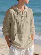 Men's Casual Linen Hoodie, Long Sleeve Henley Button Pullover. Crafted from Soft, Lightweight and Breathable Fabric, It Features a Relaxed Fit and Front Kangaroo Pocket. Ideal for Beach Vacations, Outdoor Activities, Travel and Daily Casual Wear. - Khaki