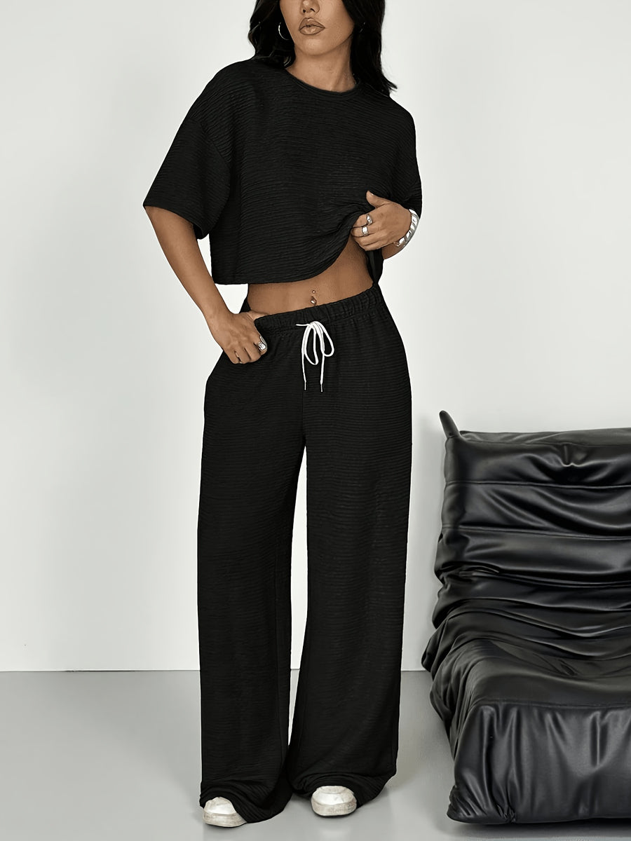 Women'S Spring/Summer Fashion T-Shirt And Pants 2pcs Set - Black