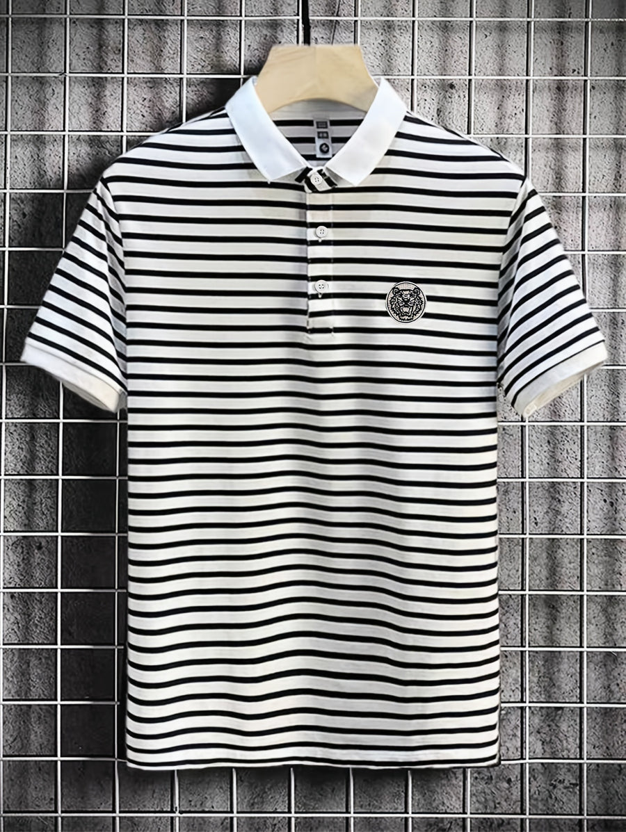 Men's POLO Shirt Short Sleeve T-Shirt Summer Striped Collared Lapel Fashion Streetwear Brand Cool Thin Casual Embroidered Top - White