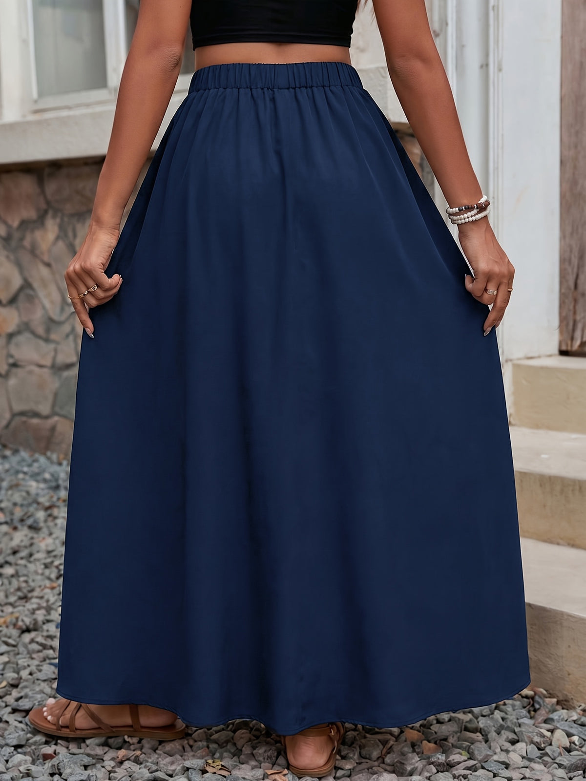 DJ260423739 Elegant Women's Solid Color Versatile Side Slit Loose Half Skirt - Blue