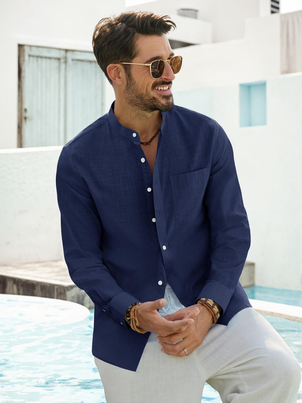 Men'S Shirt Long Sleeve Stand-Up Collar Breathable Regular Fit Casual Shirts Casual Summer Beach Shirt with Pocket - Navy Color