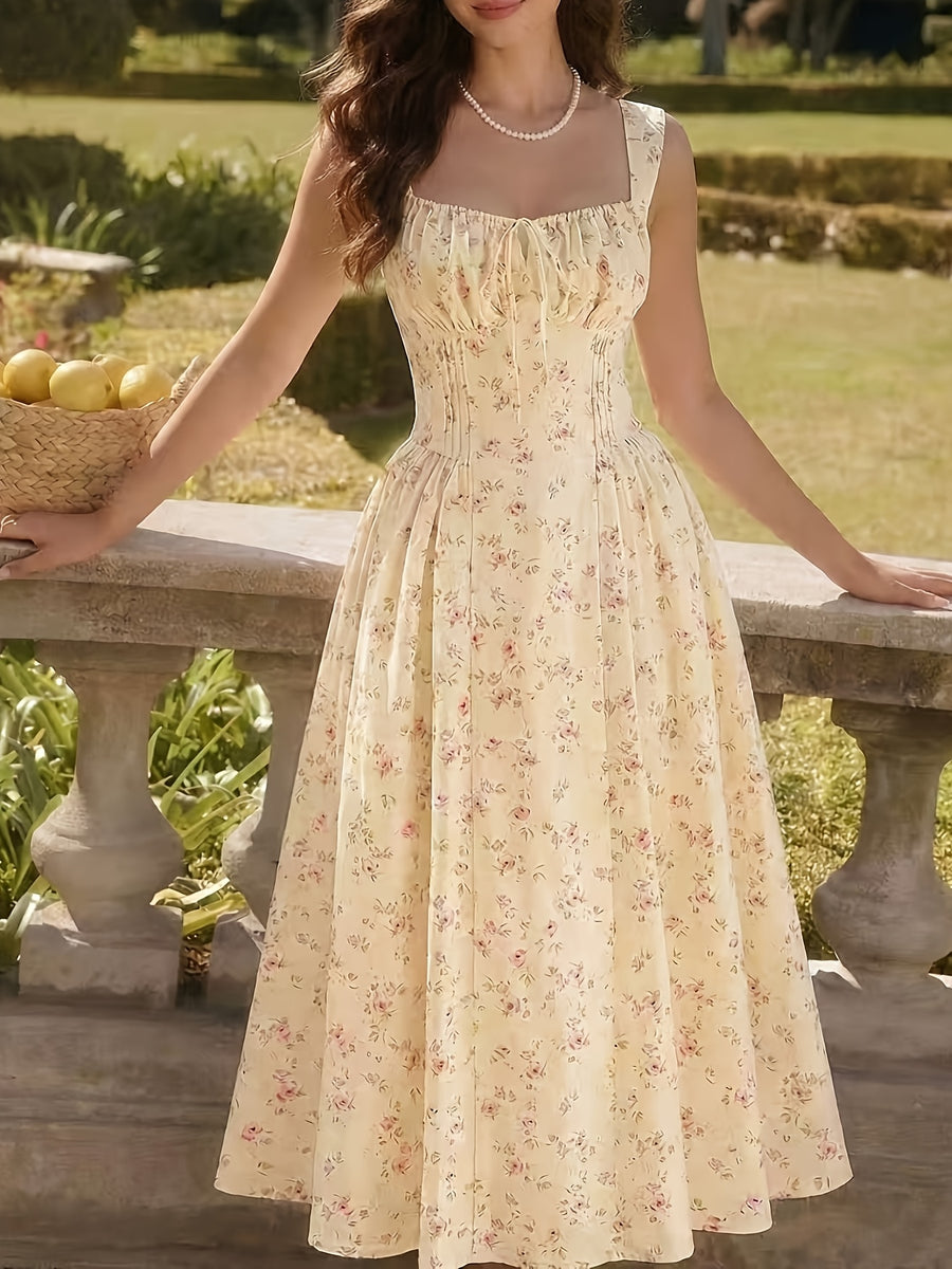 Ladies Fashion Casual Printed Dress with Tie Waist - Multicolor