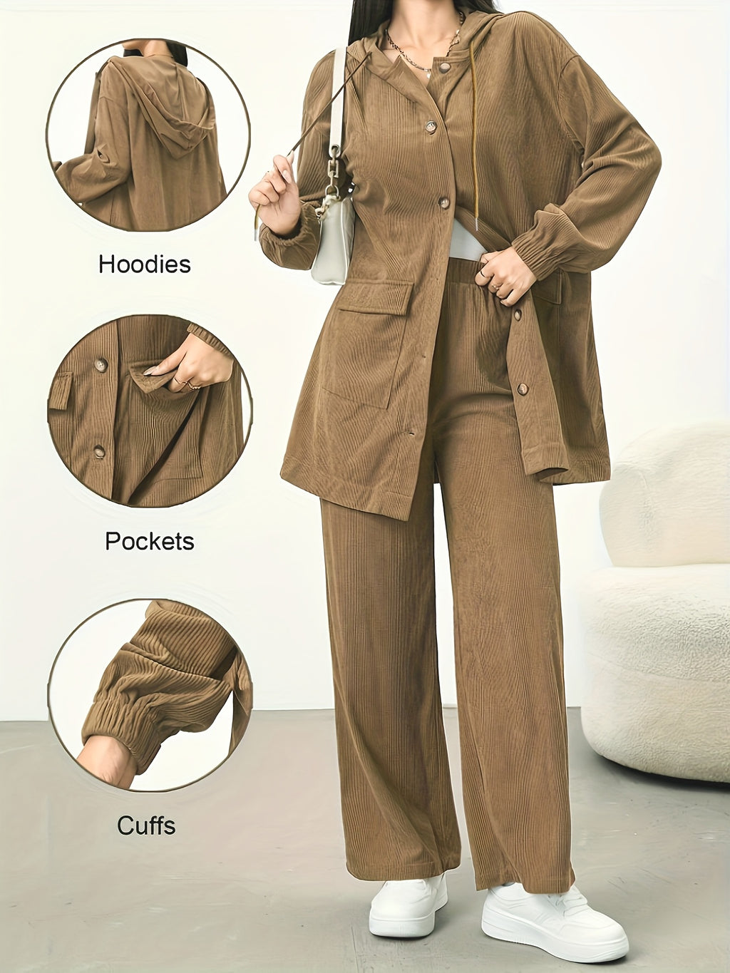 New Women'S Casual Corduroy Hooded Set, Fall Winter Outfit, Jacket with Pockets And Cuffed Sleeves, Wide-Leg Pants for Leg Lengthening, Comfortable And Fashionable, Casual Set - Khaki