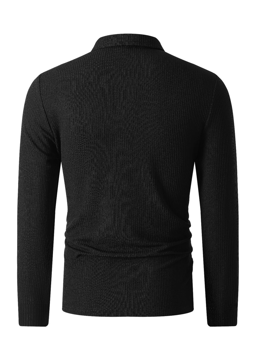 Autumn Men'S Ribbed Long-Sleeve Polo Shirt Print Half-Zip Lapel Slim Fit Breathable T-Shirt - Black