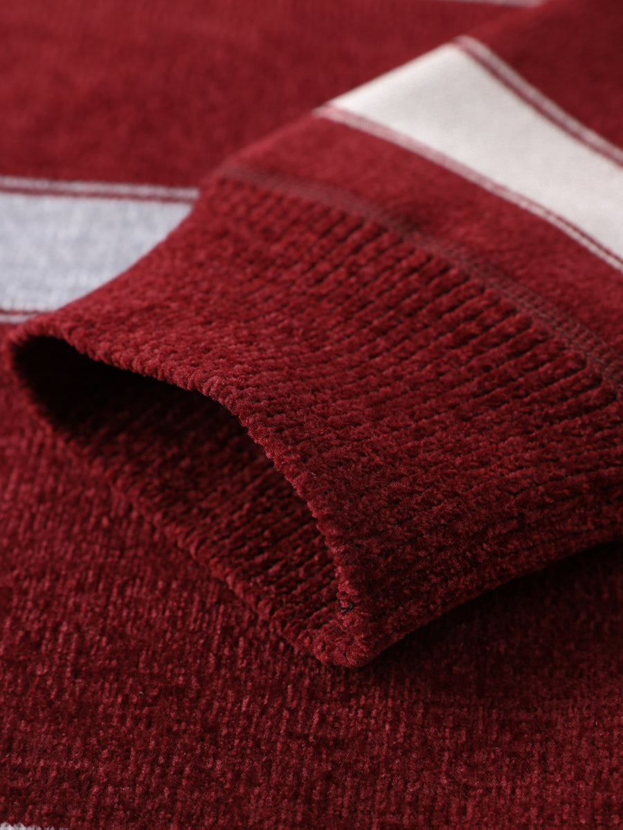 Autumn And Winter Men'S Sweater with Fleece, Half-Zipper Collar, Contrasting Color Stripes, Long-Sleeved Men'S Knit Pullover, Casual And Versatile, Warm Top Suitable for Daily Commuting, Going Out, Shopping - Deep Red