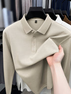 Autumn New Men'S Long Sleeve Henley Polo Shirt, Easy Lapel 3-Button Top, Casual Commute Wear, Comfortable And Skin-Friendly, Versatile Basic Men'S Clothing, Spring/Autumn Inner And Outer Wear, Can Be Worn Alone Or Layered with Jacket, Men'S Gift - Apricot