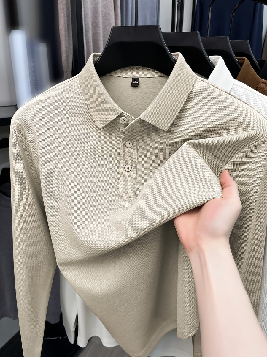 Autumn New Men'S Long Sleeve Henley Polo Shirt, Easy Lapel 3-Button Top, Casual Commute Wear, Comfortable And Skin-Friendly, Versatile Basic Men'S Clothing, Spring/Autumn Inner And Outer Wear, Can Be Worn Alone Or Layered with Jacket, Men'S Gift - Apricot