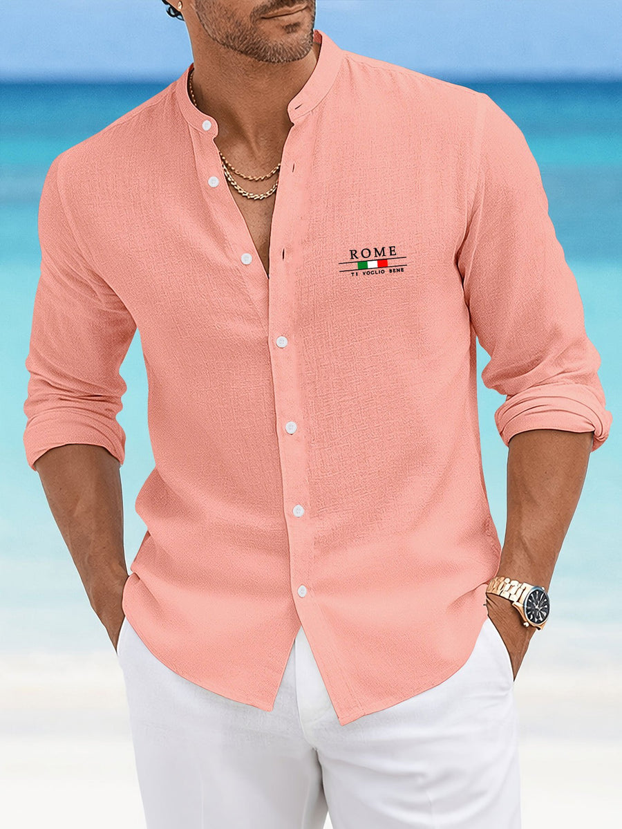 Men'S Casual Faux Linen Stand-Collar Long Sleeve Shirt, Breathable And Sweat-Absorbing Comfortable Fabric Blouse, Suitable for Outings, Parties, Beach Vacations, And Daily Wear, Machine Washable Regular Fit, Sweat-Resistant - Light Pink Color