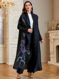 Women'S Modest Black Purple Floral Print Pleated Abaya Open Front Long Cardigan Dubai Saudi Arabia Kimono Duster Coat High Quality Pleated Loose Robe Outerwear Banquet Party Evening Cover Up - Black