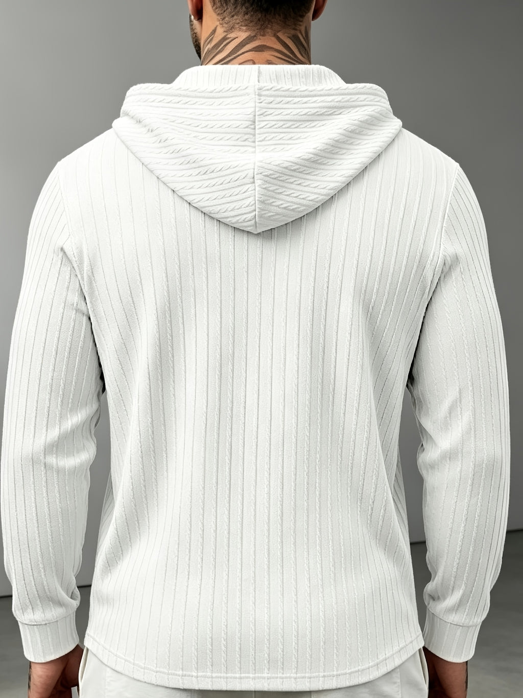 New Men'S Textured Jacquard Hooded Sweatshirt, Henley Button-Front Pouch Kangaroo Pocket Loose Stretch Long Sleeve Casual Top - White