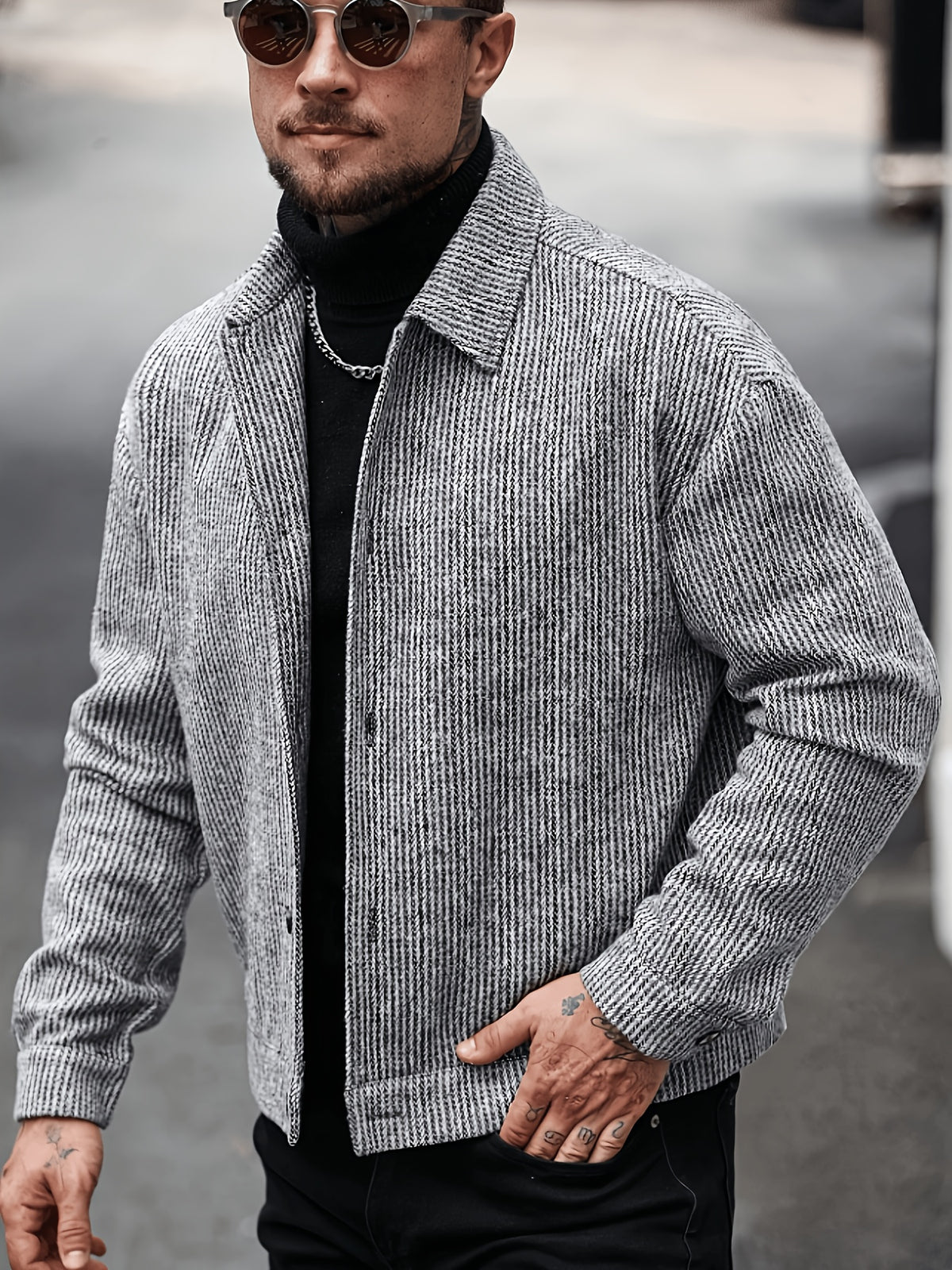Fashionable Men's Winter Black and White Vertical Stripe Short Tweed Jacket, Streetwear Casual Lapel Single-Breasted Vintage Tartan Utility Coat - Black And White Stripes